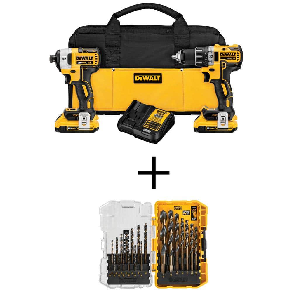 DEWALT 20V MAX Lithium-Ion XR Cordless Brushless Drill/Impact 2 Tool Combo Kit and Black and Gold Drill Bit Set (21 Piece) -  DCK283D2W1181