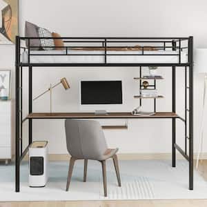 Black Twin Size Metal Loft Bed with Desk, Bookshelves, and Keyboard Tray, Kids Loft Bed with 2 Ladders and Guardrails