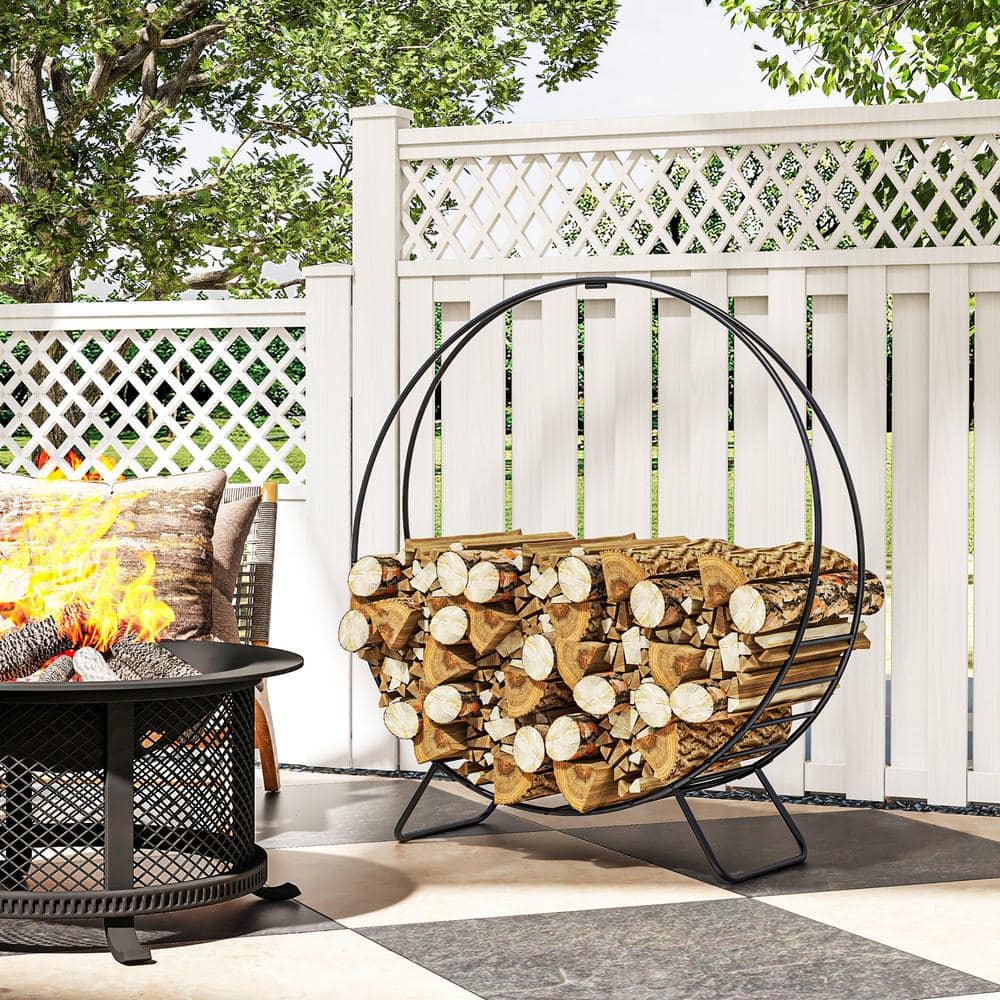 Black Powder Coated Steel 40" Firewood Rack with Waterproof Cover