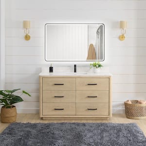 Porto 55 in. W x 22 in. D x 33.8 in. H Single Sink Bath Vanity in Natural Oak with White Quartz Stone Top