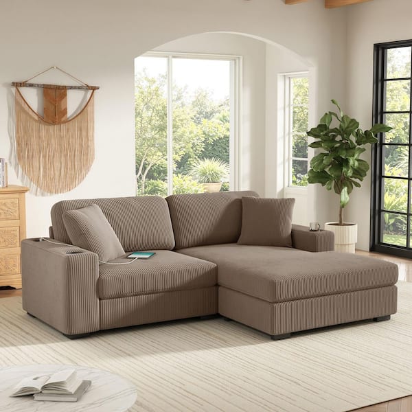 86.5 in. Corduroy L-Shaped Sectional Sofa with Wide Seating, Dual Cup Holders and Charging Ports,Toss Pillows in Khaki