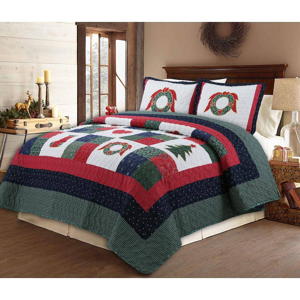 Red and Green Cotton Reversible Queen Quilt Set