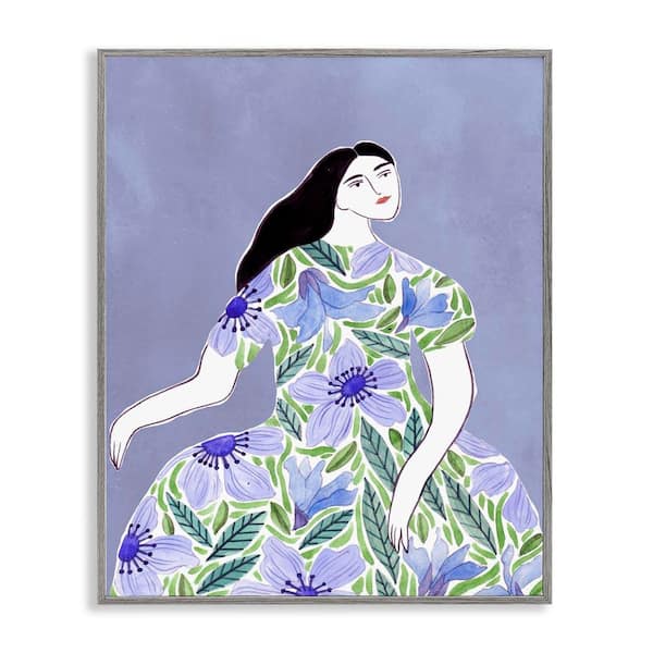 Stupell Industries Woman in Blue Floral Gown by Melissa Wang Gray Framed People Giclee Art Print 14 in. x 11 in.