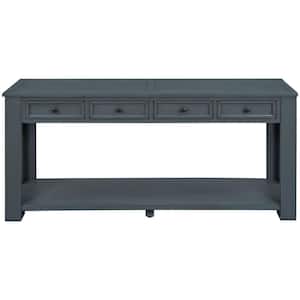 63 in. Distressed Blue Finish Standard Rectangle Wood Console Table with 4-Drawers and Bottom Shelf