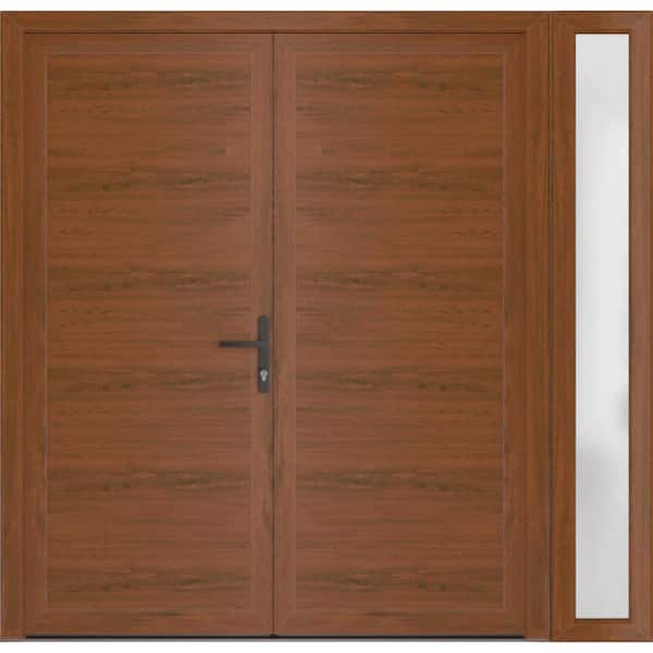 VDOMDOORS 72+ 16 in. x 80 in. Left-hand/Inswing Frosted Glass Walnut Steel Prehung Front Door with Hardware