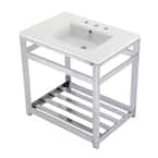 31 in. Ceramic Console Sink (8 in. in 3-Hole) with Stainless Steel Base in Chrome