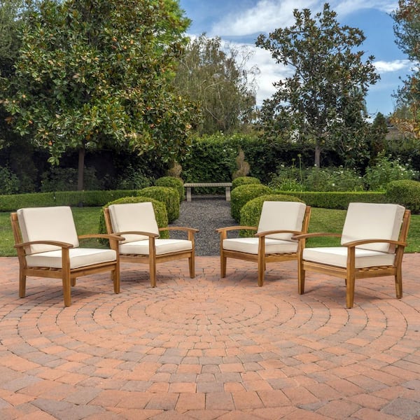 Noble House Galilea Deep Seating Wood Outdoor Patio Lounge Chair with Beige Cushions (4-Pack)