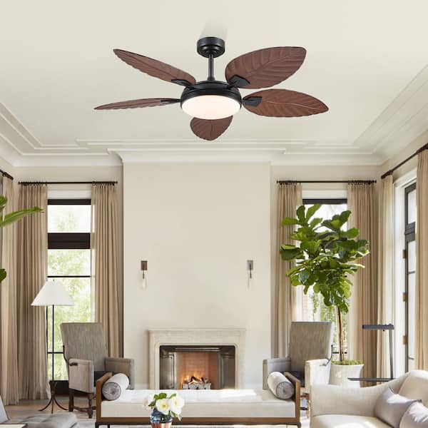 52 in. Indoor/Outdoor Retro Palm Leaf Blades Downrod Black Ceiling Fan with Dimmable LED Light and Remote/APP Control