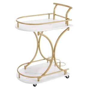 Golden 2-Tier Metal Kitchen Cart with Wine Rack and Glass Holder, Rolling Drink Trolley