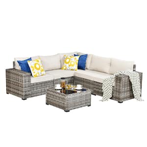 Tahoe Gray 6-Piece Wicker Extra-Wide Arm Outdoor Patio Conversation Sofa Set with Beige Cushions