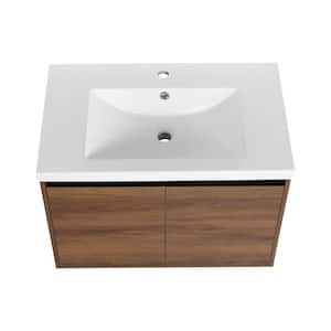 29.53 in. W x 18.11 in. D x 20.47 in. H Wall-Mounted Bath Vanity in Brown with White Resin Vanity Top