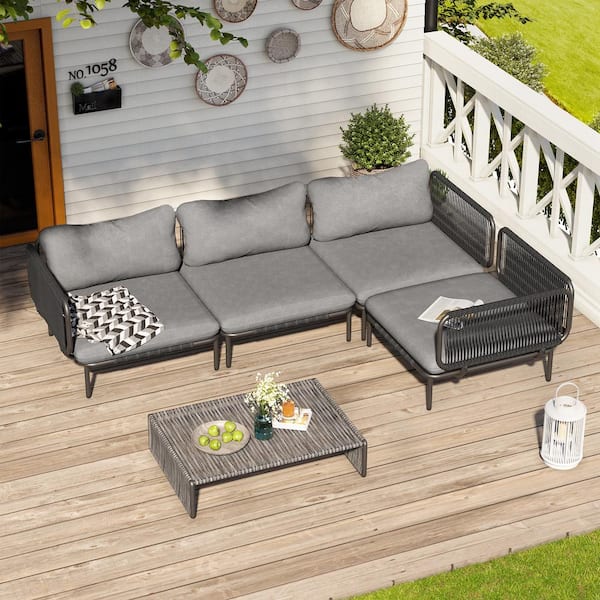 Crestlive Products 4-Piece Drawcord Metal Outdoor Sectional Set Modular Patio Seating with Dark Gray Cushions and Removable Armrests