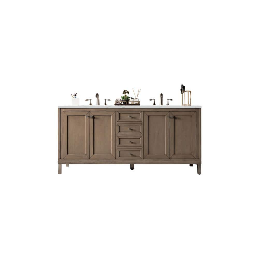 James Martin Vanities Chicago 72.0 in. W x 23.5 in. D x 33.8 in. H Bathroom Vanity in Whitewashed Walnut with Ethereal Noctis Quartz Top -  305-V72-WWW-3ENC