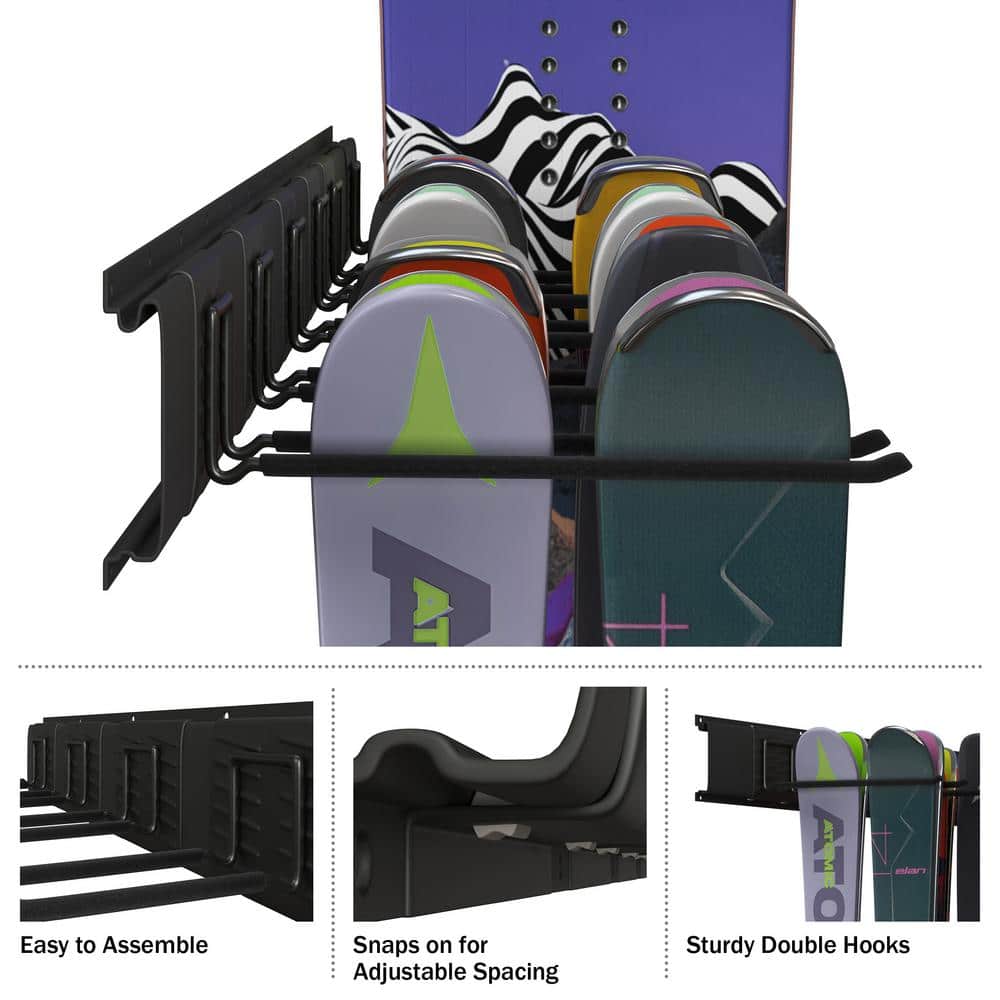 Heavy-Duty Black Steel Wall-Mounted Ski and Snowboard Rack