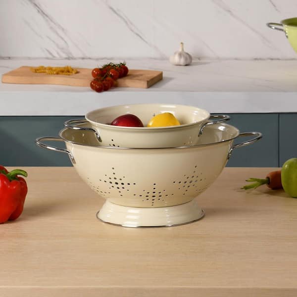 Almond Cream 2 qt. and 6 qt. Metal Heavey Duty Colander with Handles, Powder Coated Solid Ring Base for Pasta (Set of 2)