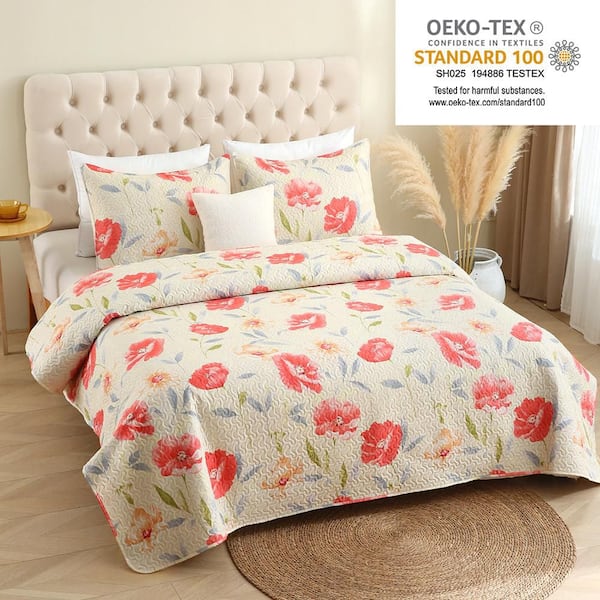 3 Piece Microfiber Reversible Watercolor Pink Flowers Spring Floral Queen Quilt Set Bedspreads Coverlets
