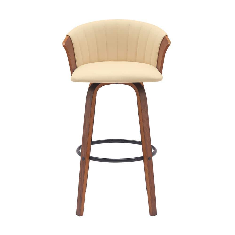 Diana 30" Cream Faux Leather Swivel Bar Stool with Walnut Wood