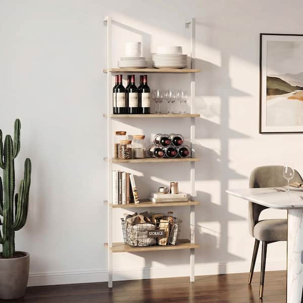 72.5 in. Tall White/Brown/Black Wood 5-Shelf Ladder Bookcase with Metal Frame, Wall-Mounted Bookcase for Living Room