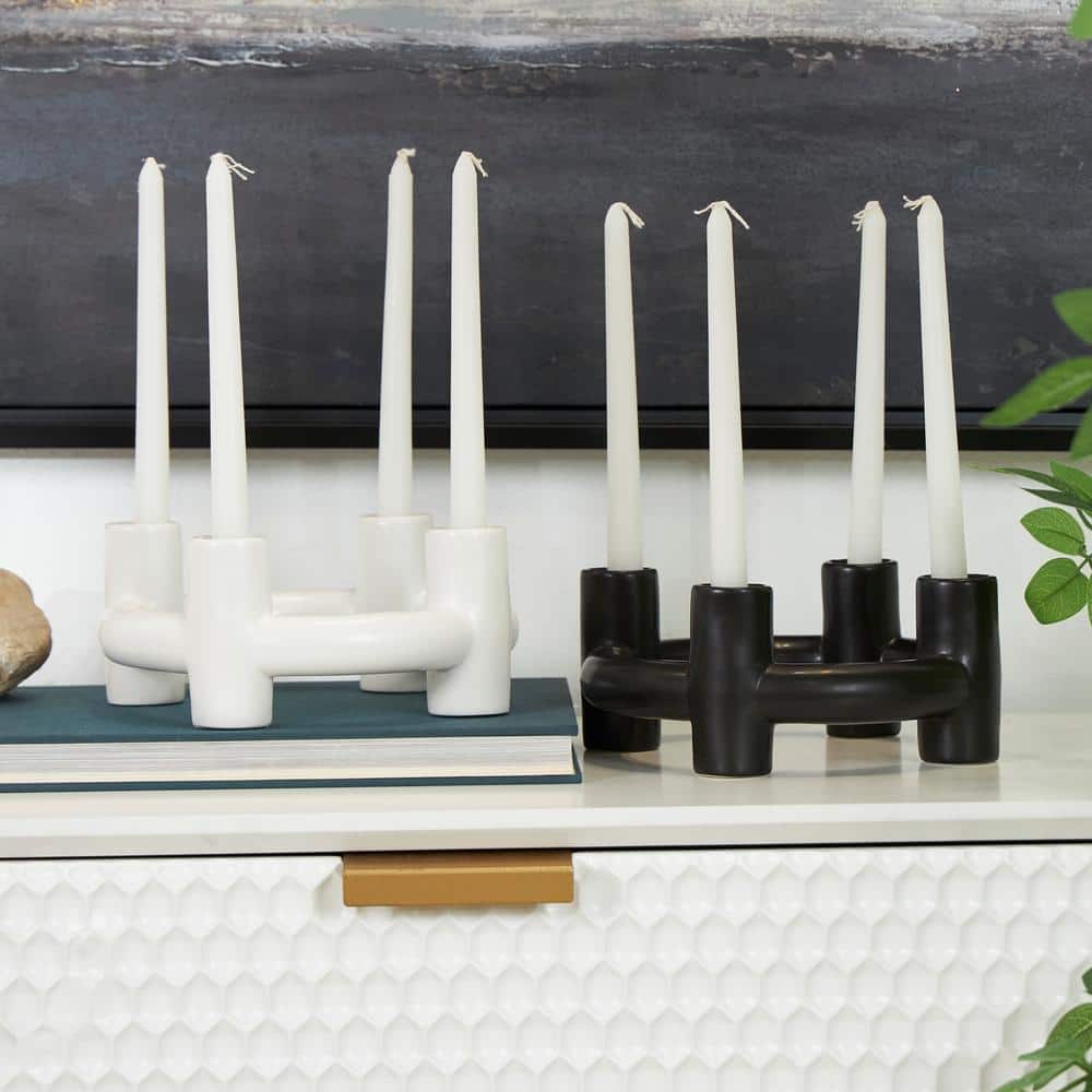 Black and White Ceramic Geometric Circle Candle Holders, Set of 2