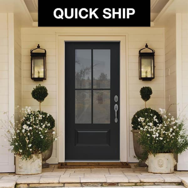 36 in. x 80 in. Left-Hand 4 Lite Clear Glass Black Painted Fiberglass Prehung Front Door with Brickmould