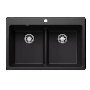 Liven SILGRANIT 33 in. Drop-In/Undermount Double Bowl Granite Composite Kitchen Sink in Coal Black