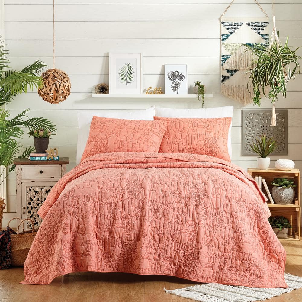King Coral Cotton Bohemian Quilt and Sham Set