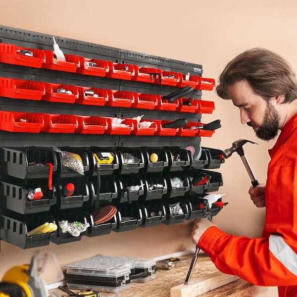 48-Bin Wall Mounted Storage Bins Parts Rack Organizer Garage Shop Tool Organizer w/Wall Panels for Nuts Black and Red