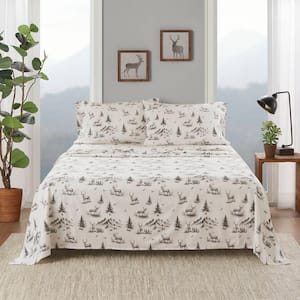 Cotton Flannel 4-Piece Gray Deer Toile Cotton Queen Sheet Set