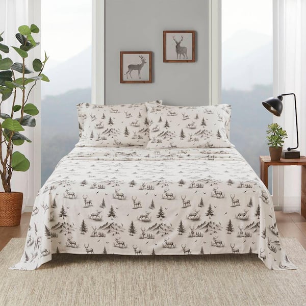 Woolrich Cotton Flannel 4-Piece Gray Deer Toile Cotton Cal King Sheet Set