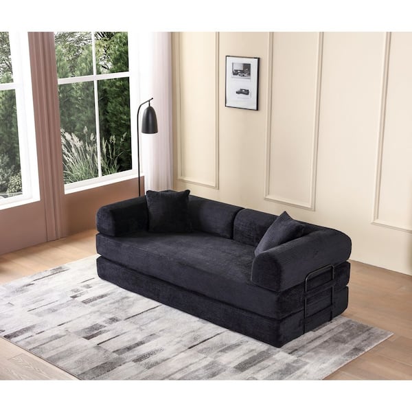 78 in. W Black Fabric King Sofa Bed with Cylindrical Pillow-Corduroy Folding Mattress for Living Room, Bedroom