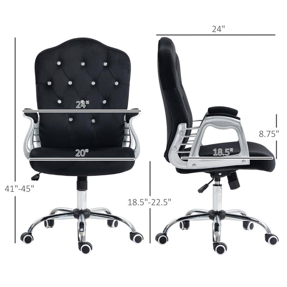 Black Velvet Button Tufted Swivel Task Chair with Fixed Arms