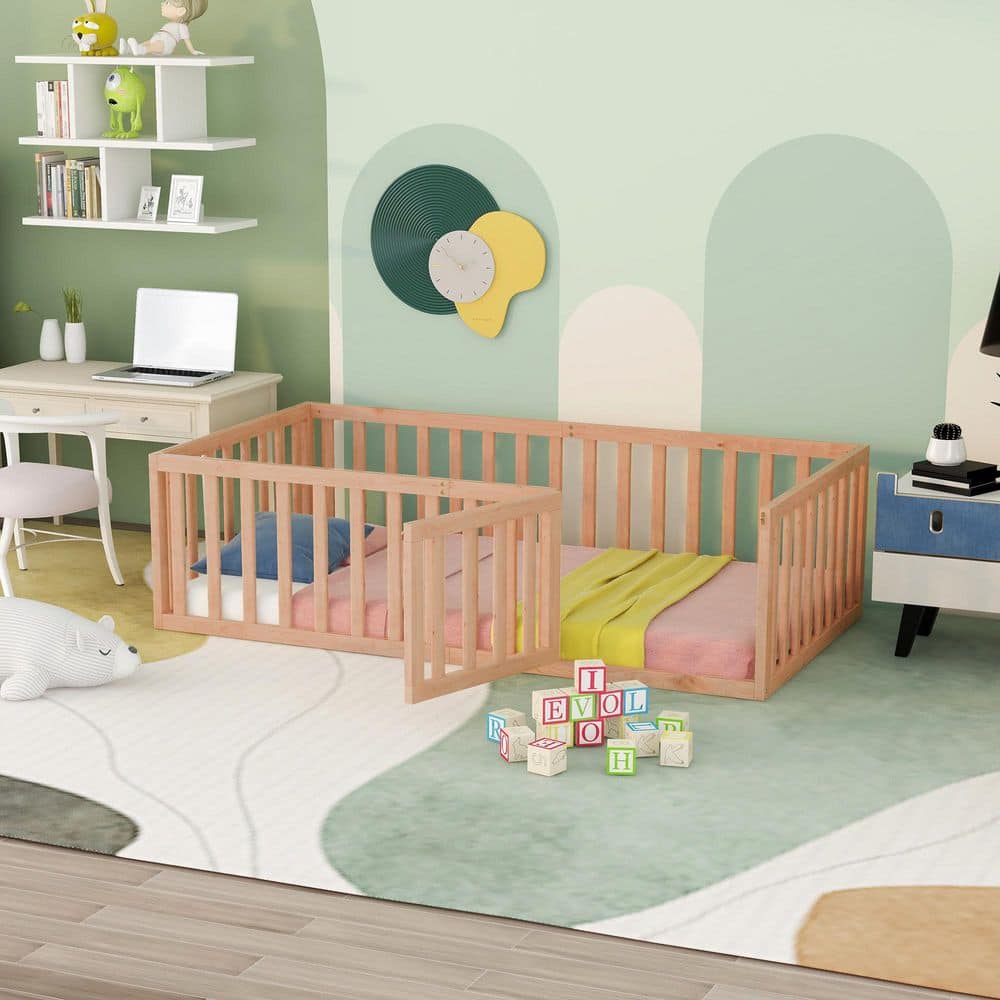 Natural (Yellow) Wood Frame Twin Size Floor Bed, Platform Bed with Fence and Door