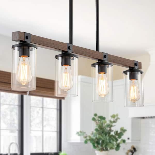 4-Light Farmhouse Kitchen Island Pendant Light, Black Wood Grain Linear Chandelier with Clear Cylinder Glass