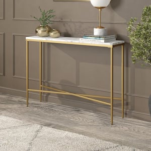 Huxley 42 in. Brass Retangular Console Table with Faux Marble Top