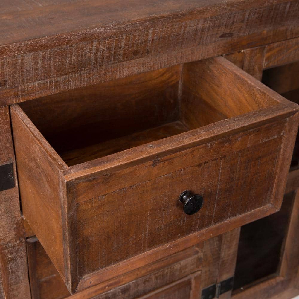 Rustic Charm 72'' Solid Mango Wood Sideboard with Cast Iron Wheels