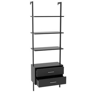 Giltner 71 in. Black Wood and Black Steel Frame 3-Shelf Industrial Ladder Bookcase or Bookshelf with 2-Drawers