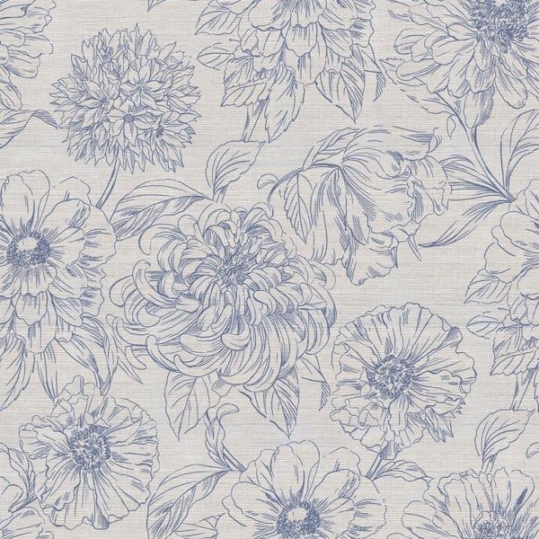 Tempaper Prussian Blue Grasscloth Blooms Authentic Unpasted Textured Wallpaper, 72 sq. ft.