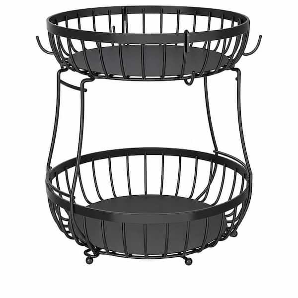 2 Tiers Black Metal Fruit Basket for Kitchen Counter with 2 Banana Hangers, with Circular Feet, Metal Fruit Bowl