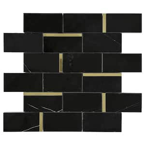 Natural Blanco Black Gold 11.82 in. x 11.82 in. Brick Joint Polished Marble Mosaic Tile (9.7 sq. ft./Case)