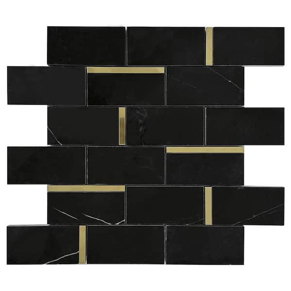 MOLOVO Natural Blanco Black Gold 11.82 in. x 11.82 in. Brick Joint Polished Marble Mosaic Tile Sample