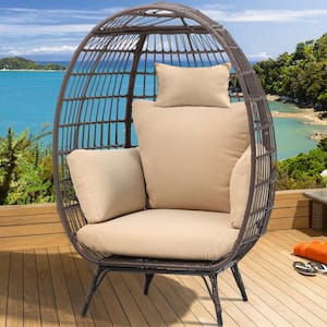 Brown Wicker Indoor/Outdoor Egg Lounge Chair with Beige Cushion