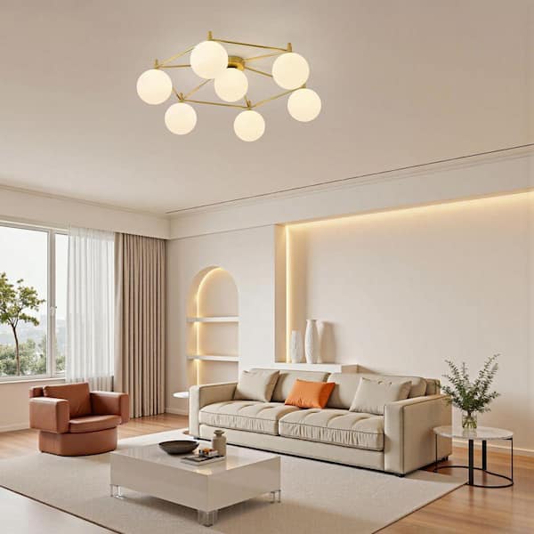 PAKOKULA Modern 32.7 in. 7-Light Gold Sputnik Hexagon Semi-Flush