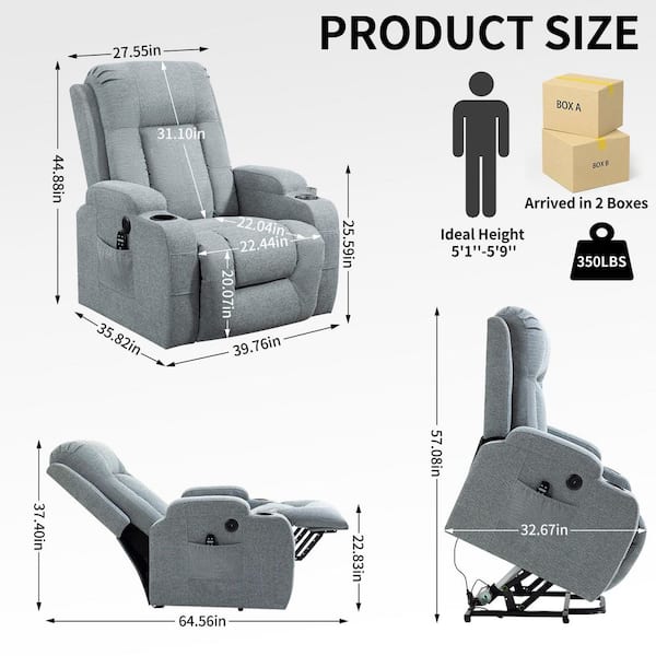 Grey Single Motor Power Lift Recliner Chair Polyester Massage Chair with USB Charging Port, Cup Holders