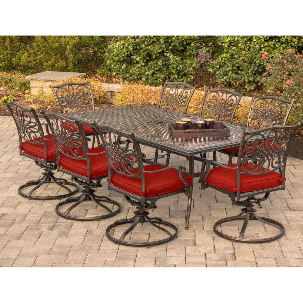 Hanover 9-Piece Bronze Aluminum Outdoor Dining Set with Red Cushions