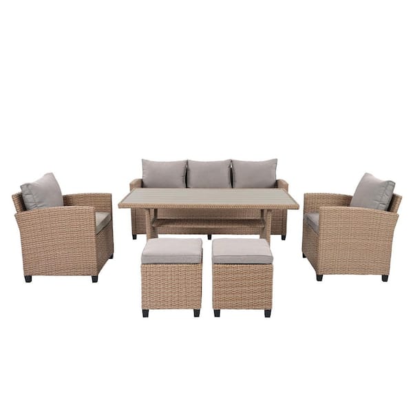 Unbranded 6-Piece Wicker Outdoor Sectional Set, Patio Sofa Set with Light Brown Cushions and Table