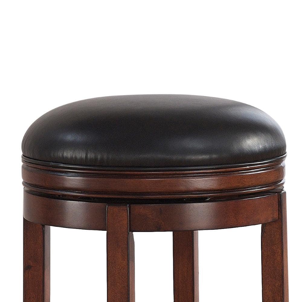 Transitional Brown Wood and Leather Swivel Bar Stool