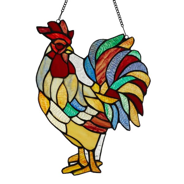 River of Goods Red Rusty Rooster Stained Glass Window Panel