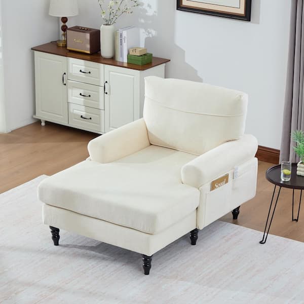 Myra 38.2 in. BeigeChenille Upholstered Rolled Arm Chaise Lounge with Side Pockets