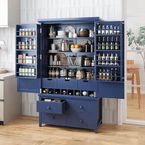 Freestanding Blue Large Kitchen Pantry Organizer with 8 Door Shelves, 3 Adjustable Shelves, 7 Drawers, 8 Wine Racks