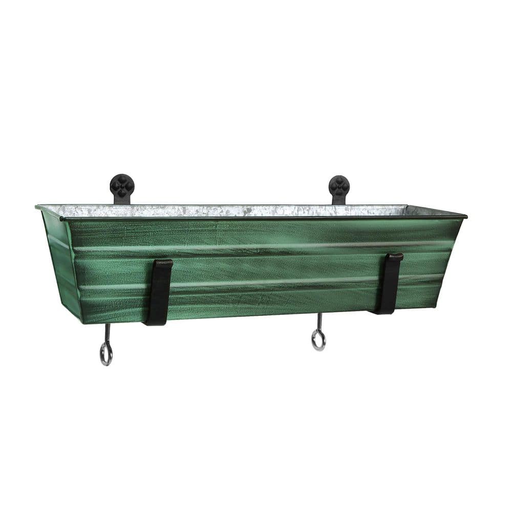 "22"" W Rectangle Green Patina Galvanized Steel Flower Box w/Black Wrought Iron Clamp-On Brackets, Planter, Garden Accent" price history on PriceWatchPro